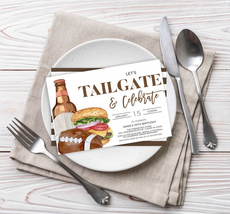 May include: A brown and white invitation with the text "Let's Tailgate & Celebrate" in brown text. The invitation is for a 35th birthday party and includes details about the date, time, location, and RSVP information.