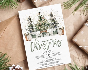 May include: A Christmas lunch invitation with a watercolor illustration of three Christmas trees with presents underneath. The invitation is for December 10th at 5:00 PM and is hosted by The Robinson Family at 555 Merry & Bright Dr, Winter VA 55555. RSVP with Taylor by December 1st at 555-555-5555.