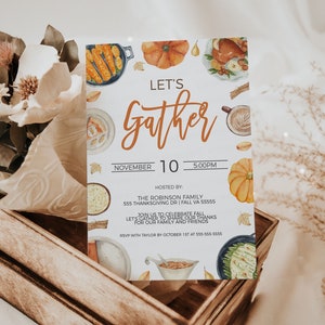 Inbjudan till "Let's Gather", redigerbar Thanksgiving-festinbjudan, kalkonmiddag, lunch, Thanksgiving-uppskattning, utskrivbar mall