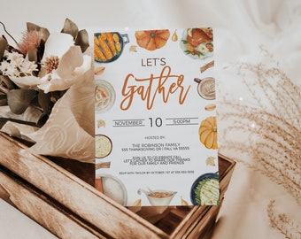 May include: A white invitation card with a handwritten 'Let's Gather' title, decorated with fall-themed illustrations like pumpkins, leaves, and food. The text reads 'November 10, 5:00 PM, Hosted by The Robinson Family, 555 Thanksgiving Dr | Fall VA 55555, Join us to celebrate fall, Let's gather to share our thanks for our family and friends, RSVP with Taylor by October 1st at 555-555-5555'.