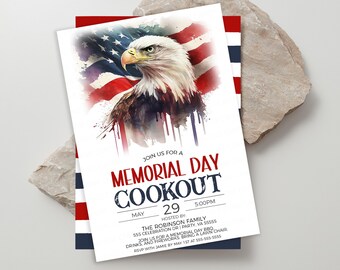 Convite do Memorial Day, convite para festa do Memorial Day, churrasco do Memorial Day, churrasco do Memorial Day, brunch, almoço e jantar, modelo editável para impressão