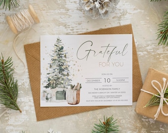 May include: A white invitation card featuring a watercolour illustration of a Christmas tree adorned with baubles and gifts. The text on the card reads "Grateful for You" and provides details for a Christmas dinner hosted by the Robinson family on 10th December at 5:00 PM.