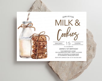May include: A white invitation with brown text for a 1st birthday party. The invitation features a watercolor illustration of a glass bottle of milk and a stack of chocolate chip cookies. The text reads "Join us for Milk & Cookies" and "Jamie's 1st Birthday".