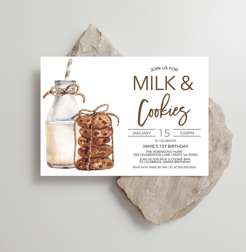 May include: A white invitation with brown text for a 1st birthday party. The invitation features a watercolor illustration of a glass bottle of milk and a stack of chocolate chip cookies. The text reads "Join us for Milk & Cookies" and "Jamie's 1st Birthday".