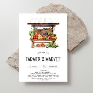 Invitación al mercado de agricultores, invitación al mercado de agricultores, productos locales, recaudación de fondos del folleto del mercado de agricultores, puesto de comida, imprimible digitalmente editable