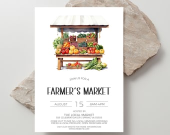 May include: Watercolor illustration of a farmer's market stand overflowing with fresh produce. The sign reads "Farmer's Market" with the date August 15 and hours 8 AM-4 PM. The Local Market is hosting the event.