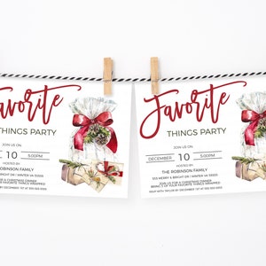 May include: Two white invitation cards with red text that reads "Favorite Things Party". The cards feature a watercolor illustration of a wrapped gift with a red bow and pine cones. The text on the cards includes the date, time, and host information.