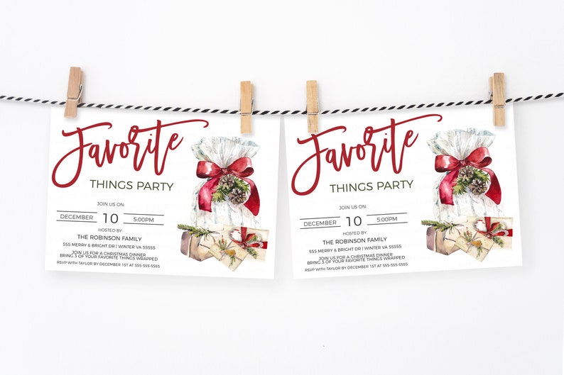 May include: Two white invitation cards with red text that reads "Favorite Things Party". The cards feature a watercolor illustration of a wrapped gift with a red bow and pine cones. The text on the cards includes the date, time, and host information.