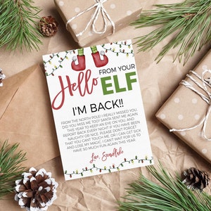 Carta editable de hola elfo, nota de bienvenida, estoy de vuelta, carta de llegada de adiós elfo, elfos navideños, juego de actividades de elfos, plantilla imprimible