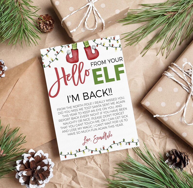 May include: A Christmas elf card with a red and green design. The card says "From your Hello Elf I'm Back!!" and includes a message about the elf keeping an eye on you and reporting back to Santa every night. The card is decorated with red and green lights.