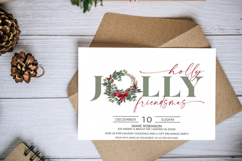 Friendsmas Party Invitation, Friends Christmas Holiday Party Invite, Adult Cocktail Christmas Party, Gift Exchange, Editable Printable image 5