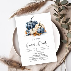 May include: Invitation to a "Flannel & Friends" party on November 20th at 4 PM. The party is hosted at The Robinson's home, 555 Celebration Dr, Spring VA 55555. The invitation features a watercolor illustration of blue and white plaid pumpkins with fall leaves.