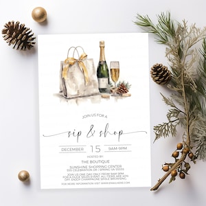 Holiday Sip And Shop Invitation, Winter Sip and Shop Invite, Christmas Boutique Store Sale, Champagne Wine Shopping, Open House, Company