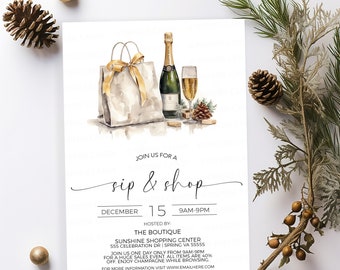 May include: Invitation to a "Sip & Shop" event at The Boutique, Sunshine Shopping Center on December 15th from 9 AM to 9 PM. The invitation features a watercolor illustration of a shopping bag, a bottle of champagne, and a champagne flute.