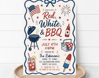 4 juli BBQ-inbjudan, rödvit & BBQ patriotisk grillfestinbjudan, redigerbar utskrivbar digital mall