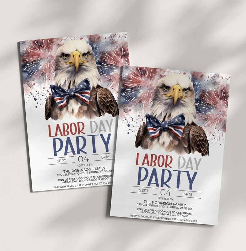 May include: A Labor Day party invitation featuring a watercolor illustration of a bald eagle wearing a bow tie with red, white, and blue colors. The text reads "Labor Day Party" with the date "Sept 04" and time "6PM".