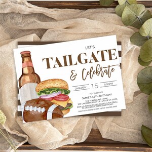 May include: A brown and white invitation card with the text "Let's Tailgate & Celebrate" in brown text. The card features a watercolor illustration of a beer bottle, a hamburger, and a football.