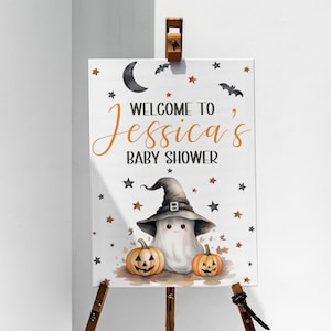 Halloween Baby Shower Welcome Sign, Editable Printable Halloween Baby Shower Sign, A Little Boo Is Almost Due Sign, Baby Ghost Theme
