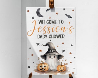 Halloween Baby Shower Welcome Sign, Editable Printable Halloween Baby Shower Sign, A Little Boo Is Almost Due Sign, Baby Ghost Theme