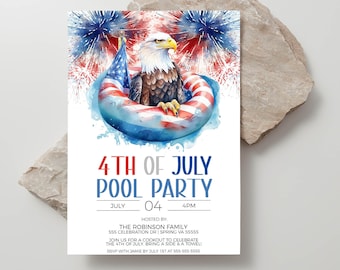 4th Of July Pool Party Invitation, Independence Day Pool Party Invite, July 4th BBQ Pool Party, American Bald Eagle, Editable Printable