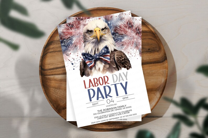 May include: A Labor Day party invitation featuring a watercolor illustration of a bald eagle wearing a red, white, and blue bow tie. The eagle is set against a background of red, white, and blue fireworks. The text on the invitation reads "Labor Day Party" with the date "Sept 04" and time "6PM". The invitation also includes the host's name, address, and RSVP information.
