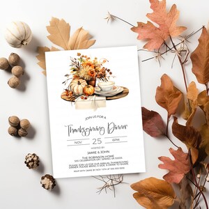 May include: Thanksgiving dinner invitation featuring a watercolour illustration of a table setting with pumpkins, autumn leaves, and a bouquet of flowers. The text reads "Join us for a Thanksgiving Dinner, Nov 25, 6PM, Hosted by Jamie & John, The Robinson Home, 555 Celebration Dr, Spring VA 55555, Please join us for our annual Thanksgiving dinner. Please bring a side & drink to share. RSVP with Jamie by Nov 10th at 555-555-5555."