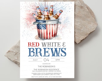 4th Of July Invitation, Red White & Brews Invite, Independence Day Party Invite, July 4th BBQ Beer Party, Editable Printable Template