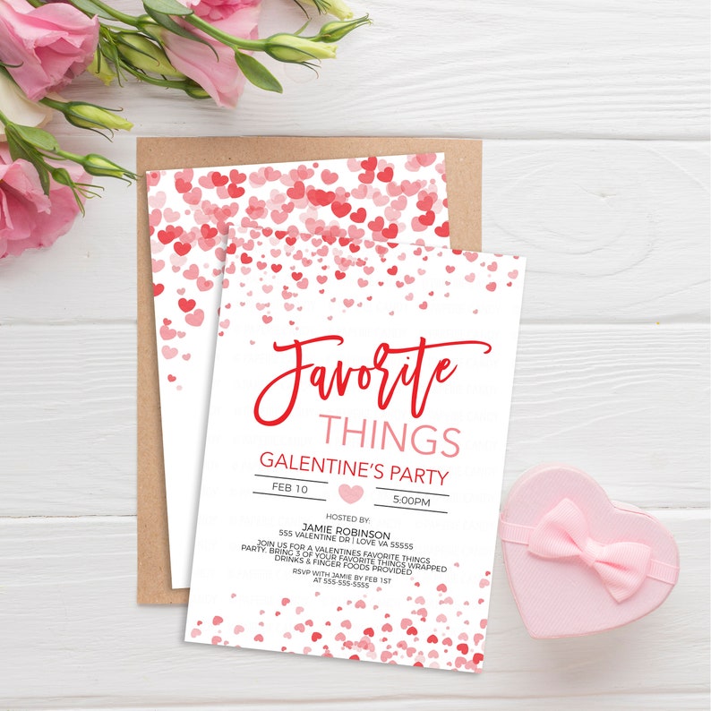 Inbjudan till Alla hjärtans dags favoritsaker, Galentines inbjudan, Alla hjärtans dag-presentbytesfest för damer och vänner, Alla hjärtans dag utskrivbar och redigerbar bild 1