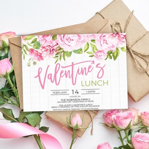 May include: A pink and green Valentine's Day lunch invitation with a floral design. The invitation says "Valentine's Lunch" with the date "February 14" and time "1:00PM". It also says "Hosted by The Robinson Family" and "SSS Party Dr | Valentines VA 35555".