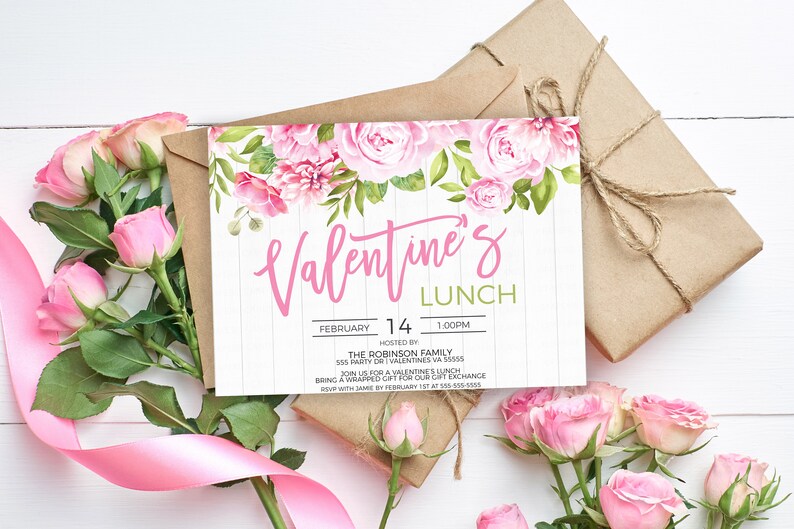 May include: A pink and green Valentine's Day lunch invitation with a floral design. The invitation says "Valentine's Lunch" with the date "February 14" and time "1:00PM". It also says "Hosted by The Robinson Family" and "SSS Party Dr | Valentines VA 35555".