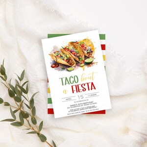 Puede incluir: Una invitaci&oacute;n colorida para una fiesta "Taco Bout a Fiesta". La invitaci&oacute;n presenta una ilustraci&oacute;n de acuarela de tacos y gajos de lima. El texto incluye la fecha, la hora y la ocasi&oacute;n: "15 de abril, 11:00 AM, En celebraci&oacute;n del 30 cumplea&ntilde;os de Jake".