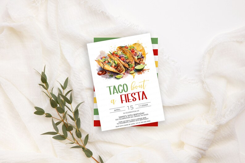 Puede incluir: Una invitaci&oacute;n colorida para una fiesta "Taco Bout a Fiesta". La invitaci&oacute;n presenta una ilustraci&oacute;n de acuarela de tacos y gajos de lima. El texto incluye la fecha, la hora y la ocasi&oacute;n: "15 de abril, 11:00 AM, En celebraci&oacute;n del 30 cumplea&ntilde;os de Jake".