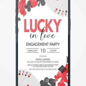 K&ouml;nnte beinhalten: Digitale Einladung zu einer Verlobungsfeier, angezeigt auf einem Smartphone. Das Design zeigt die Worte "Lucky in Love" in Rot und Schwarz, mit Spielkartenfarben und Assen. Das Datum ist der 10. Februar um 17:00 Uhr.