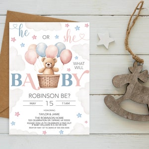 Baby Gender Reveal Shower Invitation, We Can Bearly Wait Invite, Baby Bear Pink Blue Girl Boy Twins Boho Bear Baby Shower, Editable Digital