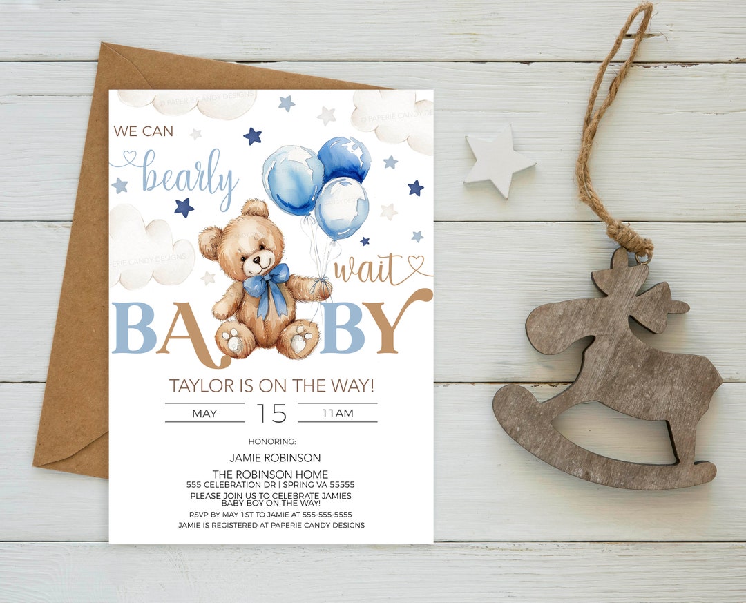Baby Boy Bear Balloon Baby Shower Invitation, We Can Bearly Wait Invite ...