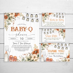 Lot baby shower neutre sexiste Baby-Q, rouille orange, vert sauge, hamburgers, bière, barbecue pour couples, tombola de couches, livres pour bébé, carte de remerciement