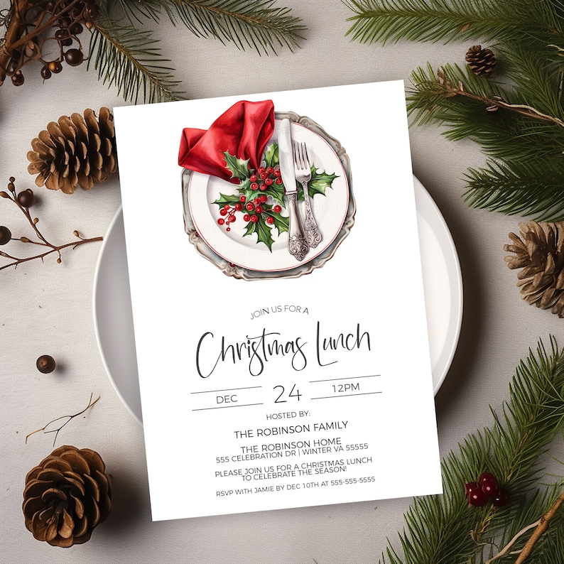 May include: A Christmas lunch invitation featuring a festive illustration of a place setting with a red napkin, holly, and silverware. The invitation is for 12pm on December 24th, hosted by the Robinson family at 555 Celebration Dr, Winter VA 55555. RSVP with Jamie by 10th December at 555-555-5555.