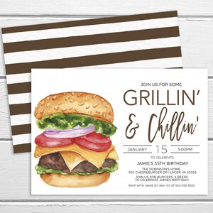 May include: A watercolour illustration of a hamburger with lettuce, tomato, onion, cheese, and a sesame seed bun. The text "JOIN US FOR SOME GRILLIN' & Chillin'" is above the hamburger. The text "JANUARY 15 5:00PM" is below the hamburger. The text "TO CELEBRATE JAMIE'S 35TH BIRTHDAY" is below the date. The text "THE ROBINSON'S HOME 555 CHEESEBURGER DR | LAGER VA 55555" is below the birthday. The text "JOIN US FOR BURGERS & BEERS TO CELEBRATE JAMIES BIRTHDAY!" is below the address. The text "RSVP WITH JAMIE BY JAN 1ST AT 555-555-5555" is below the invitation. This is a birthday party invitation.