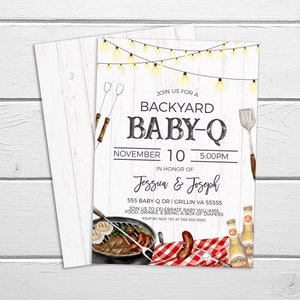 May include: A rustic-style baby shower invitation with a white woodgrain background. The invitation features a backyard barbecue theme with a grill, hot dogs, and a bottle of beer. The text reads "Join us for a Backyard Baby-Q" with the date and time of the event. The invitation also includes the names of the parents-to-be, Jessica and Joseph, and the address of the event.
