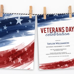 Veterans Day Einladung, bearbeitbare patriotische Einladung, 4. Juli, rot weiß blau Aquarell Flyer, Grillparty Grillparade, Block Party, printable