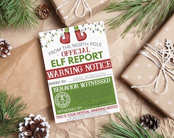 May include: A printable Christmas elf report warning notice with a red and green color scheme. The notice is addressed to Jamie Robinson and states that Jamie was asked to take out the trash but kept playing video games. The notice is signed by "Snowflake".