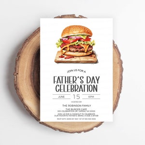May include: A Father's Day celebration invitation with a watercolor illustration of a hamburger on a wooden cutting board. The invitation is for June 15th at 6pm, hosted by the Robinson family at The Burger Cafe. RSVP by May 1st.