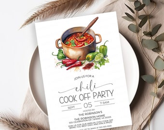 Convite para cozinhar chili, convite para competição de degustação de chili, festa rústica de outono com chili cookoff, modelo editável para impressão