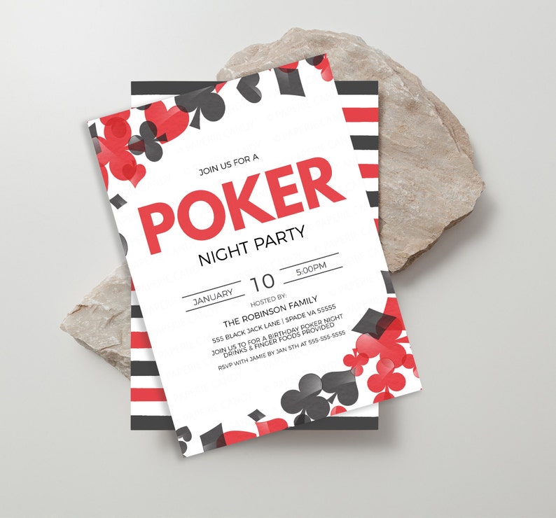 May include: Poker night party invitation with a white background and red and black playing card suits. The invitation includes the date, time, and location of the party. RSVP with Jamie by January 10th at 555-555-5555.