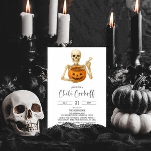 May include: A Halloween-themed invitation card with a skeleton holding a pumpkin bowl of chili. The card is surrounded by candles, a skull, and pumpkins. The text reads "Chili Cookoff" and includes event details.