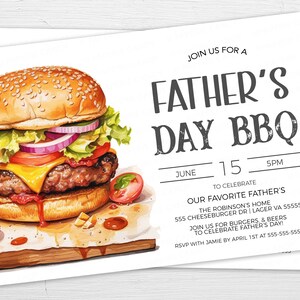 May include: Invitation to a Father's Day BBQ on June 15th at 5 PM. The invitation features a watercolor illustration of a juicy cheeseburger with lettuce, tomato, onion, and cheese. The text reads "Join us for a Father's Day BBQ" and includes the date, time, and location of the event.