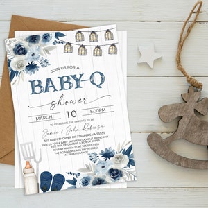Baby Boy Blue Baby-Q Baby Shower Invitation, Coed Couples Baby Shower BBQ Burgers Beer Invite, Backyard Barbecue, Rustic, Editable Printable