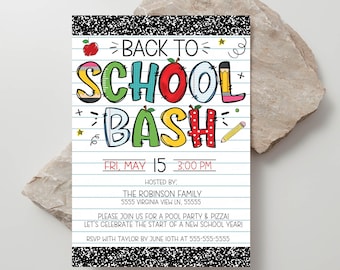 Uitnodiging voor feest terug naar school, terug naar school bash uitnodigen, einde van de zomer feest, kleuterschool basisschool, bewerkbare sjabloon