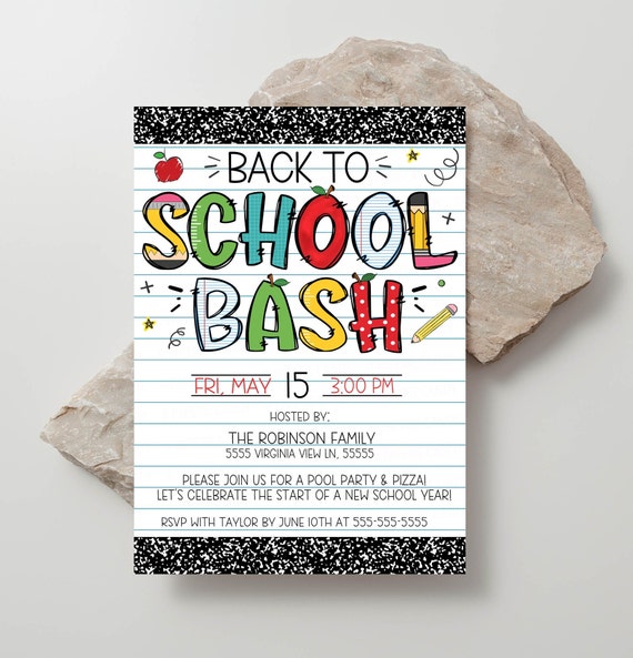 Back To School Party Invitation, Back To School Bash Invite, End Of Summer Party, Preschool Kindergarten Elementary, Editable Template