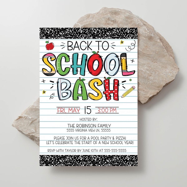 Back To School Party Invitation, Back To School Bash Invite, End Of Summer Party, Preschool Kindergarten Elementary, Editable Template